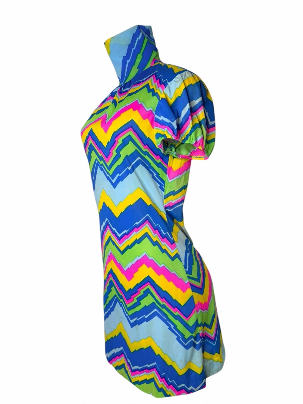 VTG 60s 70s Psychedelic Mod Chevron Mini Dress Neon Zig Zag GoGo High Neck S